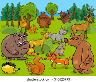 Cartoon Vector Illustration of Forest Scene with Wild Animal Characters Group