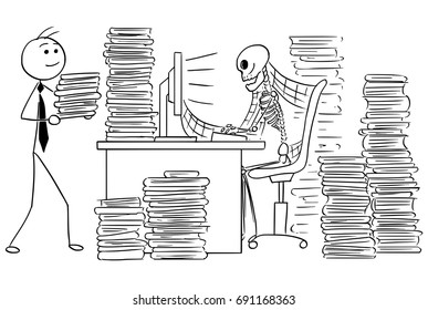 Cartoon vector illustration forgotten human skeleton dead businessman clerk sitting in front computer in office and files   spider webs all around 