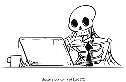 Cartoon vector illustration forgotten human skeleton dead businessman clerk sitting in front computer and spider webs all around 