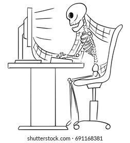 Cartoon vector illustration forgotten human skeleton dead businessman clerk sitting in front computer in office and spider webs all around 