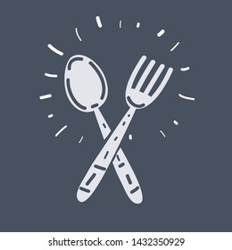 Cartoon vector illustration of Fork and Spoon Restaurant Icon on dark.