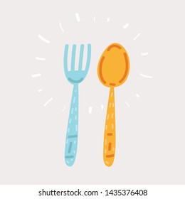 Cartoon Vector Illustration Of Fork And Spoon Hand Drawing On White Background.