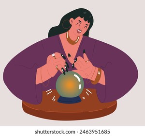 Ilustración vectorial de dibujos animados de la adivina con bola de cristal mágica. Mujer clarividente que cuenta y predice el futuro. Fortuneteller gitano prediciendo el destino.