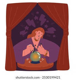 Ilustración vectorial de dibujos animados de la mujer adivina con esfera mágica sobre fondo oscuro