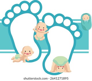 Cartoon vector illustration of four babies in diapers and a swaddled baby with turquoise footprints and stripes.