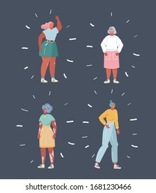 Cartoon vector illustration of four character of body positive on dark. Beauty diversity of different women on dark background. Tall, Vitiligo, elderly petite and plump happy person