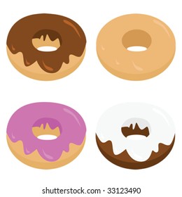 Cartoon vector illustration of four different types of donuts