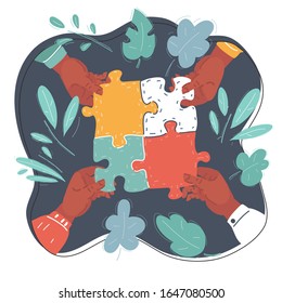 Cartoon vector illustration of Four hand get puzzles part together on dark.