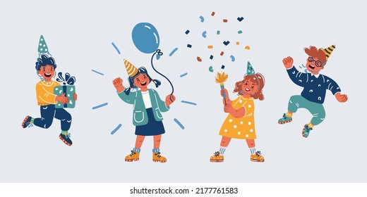 Cartoon vector illustration of four kids friends celebrate birthday