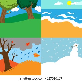 Cartoon vector illustration of four seasons, nature background templates