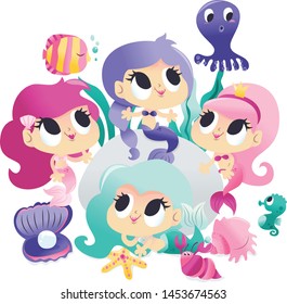 A cartoon vector illustration of four super cute mermaid princesses with her sea creature friends like fish, octopus and more. The characters are isolated on a white background.
