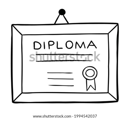 Cartoon vector illustration of framed diploma hanging on the wall. Black outlined and white colored.