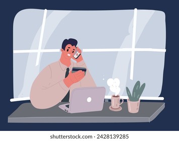 Cartoon vector illustration of freelancer man works behind a laptop. Home office workplace over dark backround