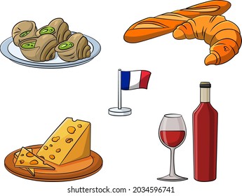 Cartoon vector illustration of a French foods assortment