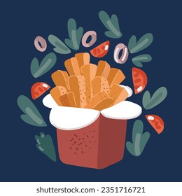 Cartoon vector illustration of French potato pack box. Fry potato, fast food over dark backround