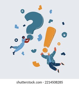 Cartoon vector illustration of Frequently Asked Questions Concept. Young men and women fly with question and exclamation mark. Customer support service. Problem solving