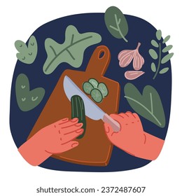 Ilustración vectorial de dibujos animados de pepino fresco: cortado, cortado y cortado. Cocinando vegetariano sobre fondo oscuro