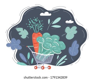 Cartoon vector illustration of Fresh vegetables in basket isolated on dark.