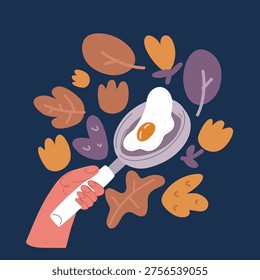 Cartoon vector illustration of Fried egg on small pan over dark background