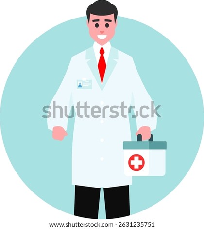 Cartoon vector illustration of a friendly medical doctor holding a first aid kit. Ideal for healthcare, emergency, clinic, education, and medical-related designs