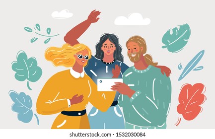 Cartoon vector illustration of Friends day man and woman get together makes selfie.
