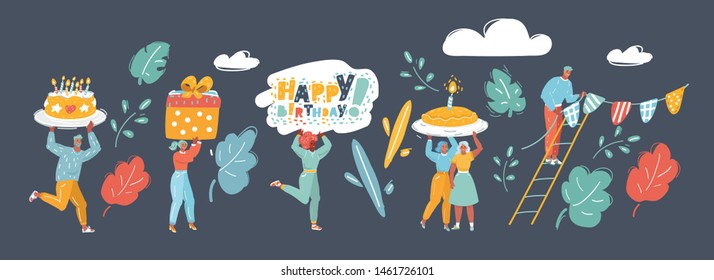 Cartoon vector illustration of Friends making big party. Man and woman with birthday elements: Cake, gift box, card, pie with candle, garland flags. Human character. Party evening celebration.
