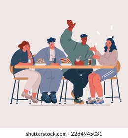 Cartoon vector illustration of Friends sit in cafe. Talking each other. Get together. Coworkers concept.