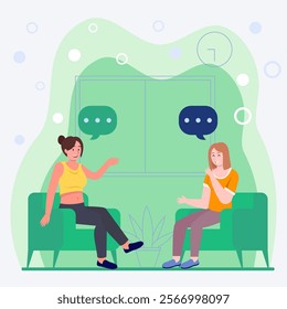 Cartoon vector illustration of Friends sit in a room. Two young women talking each other. Get together. Coworkers concept. Characters in flat style