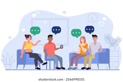 Cartoon vector illustration of Friends sit in a room. Talking each other. Get together. Coworkers concept. Characters in flat style