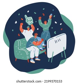 Cartoon vector illustration of Friends watching game on TV. Sport fans, team supporters, fans over dark backround