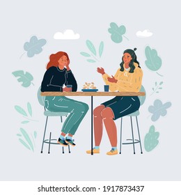 Cartoon vector illustration of friends woman talk at they lunch on white background.