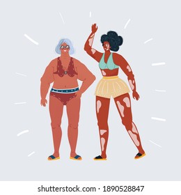 Cartoon vector illustration of friendship, beauty, body positive and people concept. Group of happy women. Old and vitiligo happy people together.