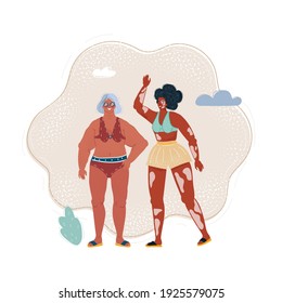 Cartoon vector illustration of friendship, beauty, body positive and people concept two happy women different in underwear