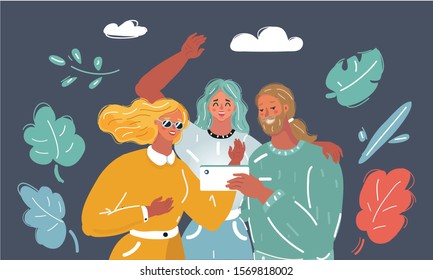Cartoon vector illustration of friendship. Happy friends get together and take photo.