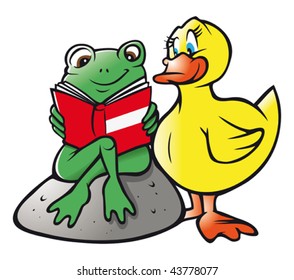 cartoon vector illustration frog duck reading