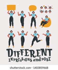 Cartoon vector illustration of front view animated character. woman different pose and face emotions set and gestures. Human female character.
