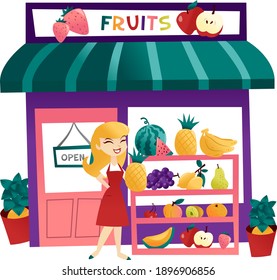 A cartoon vector illustration of a fruits shop and storekeeper.