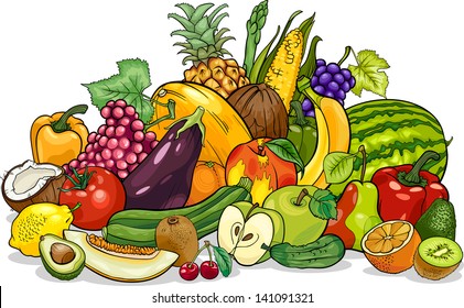 Cartoon Vector Illustration of Fruits and Vegetables Big Group Food Design