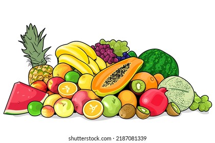 Cartoon Vector Illustration of Fruits and Vegetables Big Group Food Design, 4 Healthy 5 Perfect, a Pile of Fresh Fruit Ready to Eat, a Variety of Refreshing Fruits.