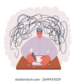 Ilustração vetorial de desenhos animados de homem frustrado com problema nervoso sentir ansiedade e confusão de pensamentos. Transtorno mental e caos na consciência.