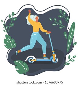 Cartoon vector illustration of Full length portrait of a woman riding a scooter on dark bakcgound.