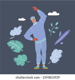 Cartoon vector illustration of Full length portrait of a middle age man exercising isolated on dark background