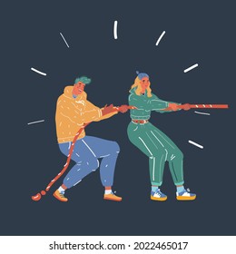 Dibujo vectorial de dibujos animados de toda la vida de los hombres de negocios que juegan tira y afloja en el fondo oscuro.