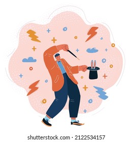Cartoon vector illustration of Full length portrait of a magician holding a top hat with a rabbit