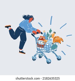 Cartoon vector illustration of Full length portrait of a young woman pushing a shopping cart full of groceries food and run