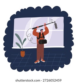Ilustración vectorial de dibujos animados de tiro de larga duración del ingeniero de sonido sosteniendo un micrófono en el escenario sobre fondo oscuro.