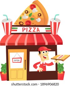 A Cartoon Vector Illustration Of A Fun Colorful Pizza Shop With Delivery Man At The Window.