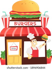 A cartoon vector illustration of a fun colorful burger shop with chef at the window.