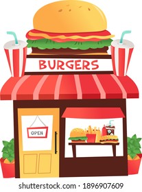 A Cartoon Vector Illustration Of A Fun Colorful Burger Shop.