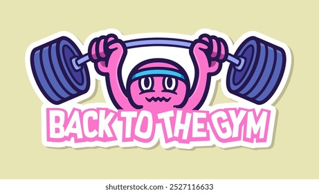 Ilustración vectorial de dibujos animados de un divertido y motivador diseño de pegatinas 'Volver al gimnasio' con un carácter alegre que levanta pesas